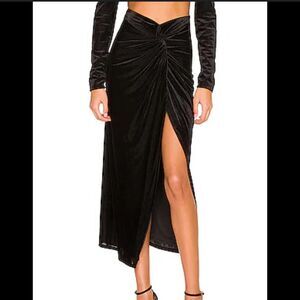 AFRM Delmi Ruched Velvet Midi Skirt Black Size M High Slit Revolve NWT